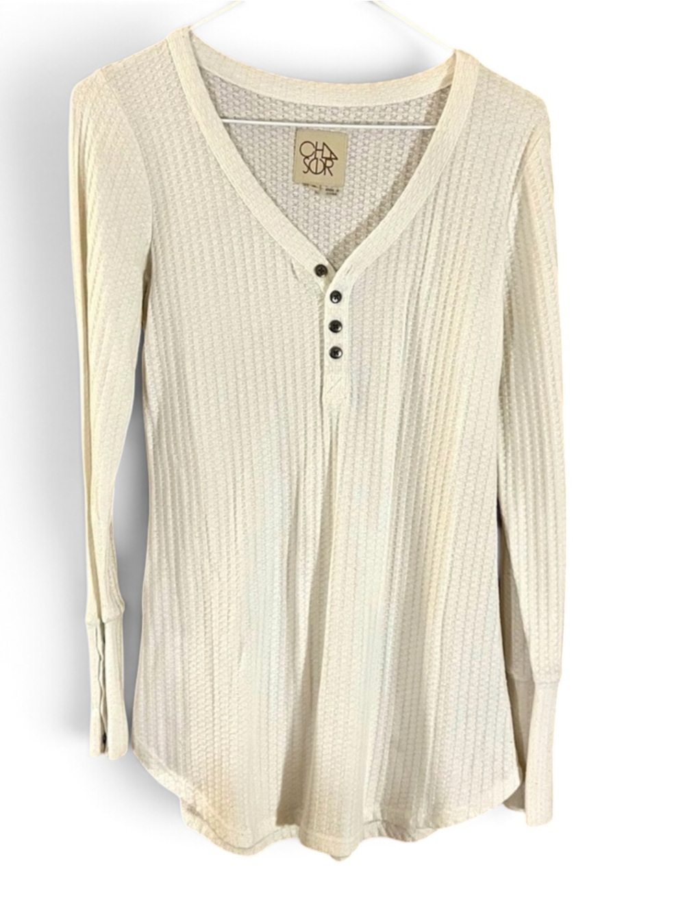 Light Cream Soft Knit Henley Thermal X-Long Top